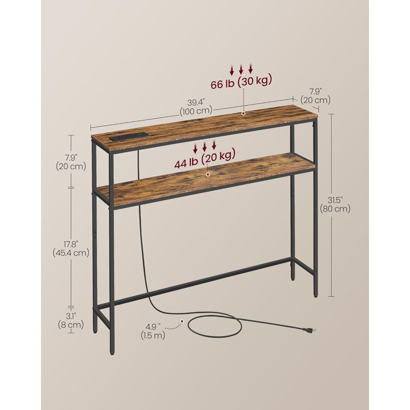 Console avec prise de courant, canapé étroit à 2 niveaux avec 2 tablettes, brun rustique et noir encre