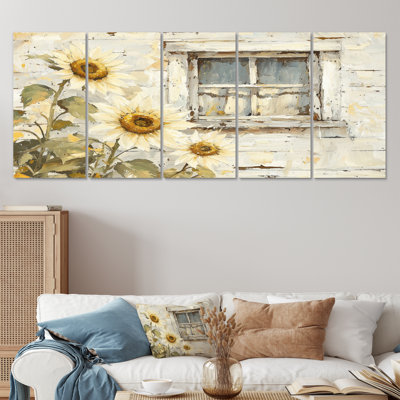 Sunflowers By The Barn Windows - Art mural de tournesols - Art mural traditionnel, toile 5 pièces