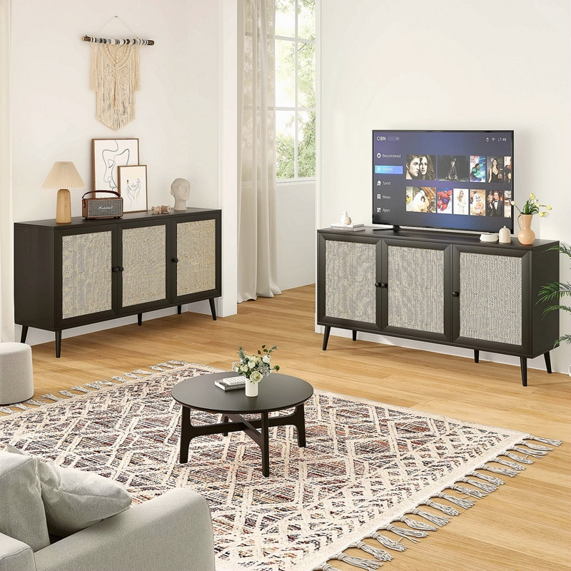 Buffet avec 3 portes en rotin et armoire de rangement moderne pour le salon (grand)