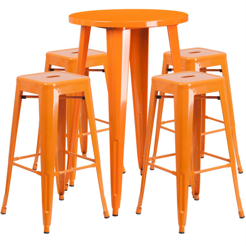 Colbert 30'' Round Metal Indoor-Outdoor Bar Table Set with 4 Square Seat Backless Stools, Orange, 41" H x 24" W x 24" L