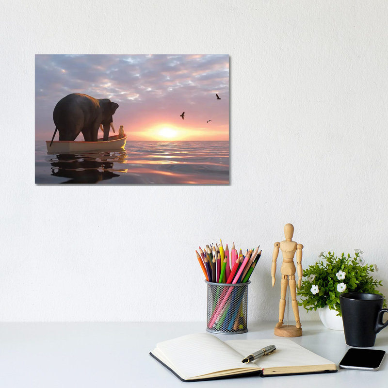 Elephant And Dog Sail In A Boat At Sea by Mike Kiev - Wrapped Canvas Print, 20.32 cm H x 30.48 cm W