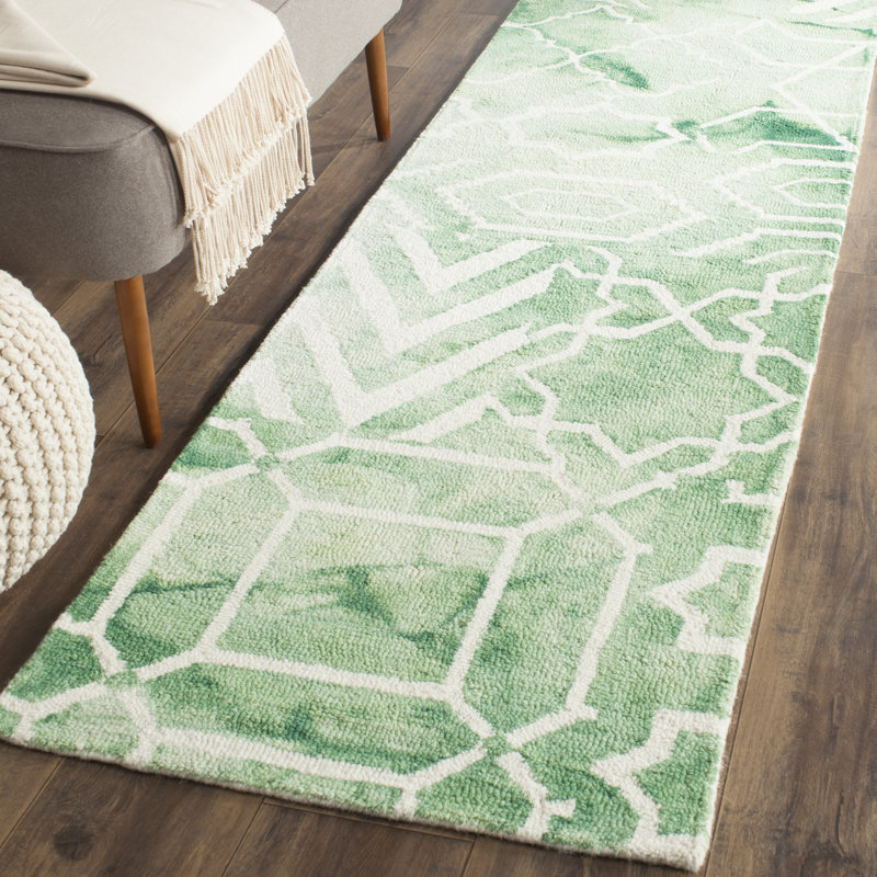Hallette Hand Tufted Wool/Cotton Geometric Rug in Green, Runner 2'3" x 8'