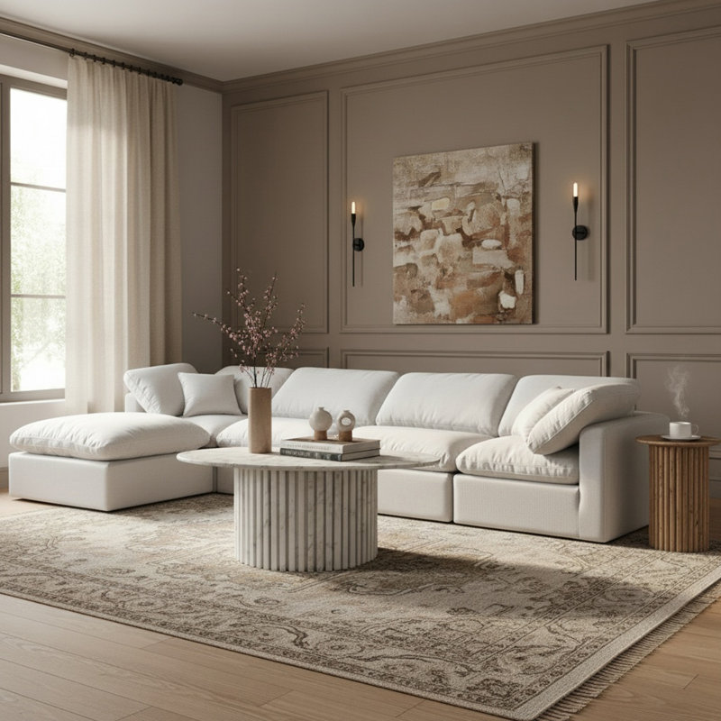 Canapé modulaire en coin 5 pièces Hinami, Tissu texturé en lin blanc