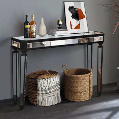 Console Table With Vintage Wood Grain & Mirror, Triangular Shape For Living Room - Black+Silver, 48"W X 32.7"H 14"D, Solid + Glass Black Silver Style Carving, Open Storage Entryway