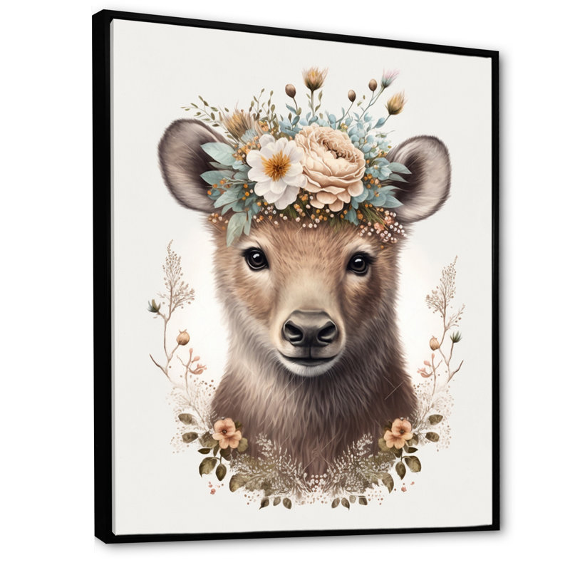 Mignon bébé ours avec couronne florale III - animaux, art mural sur toile, L 30 po x H 40 po, Cadre flottant noir