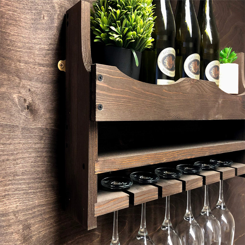 Leitersburg 6 Bottle Wall Mounted Wine Bottle & Glass Rack, Dark Brown