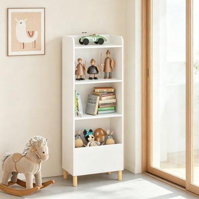 4-Tier Kids Bookshelf, Multi-Purpose Storage Organizer with Safety Buckle, MDF Board & Pine Wood Legs for Bedroom Playroom