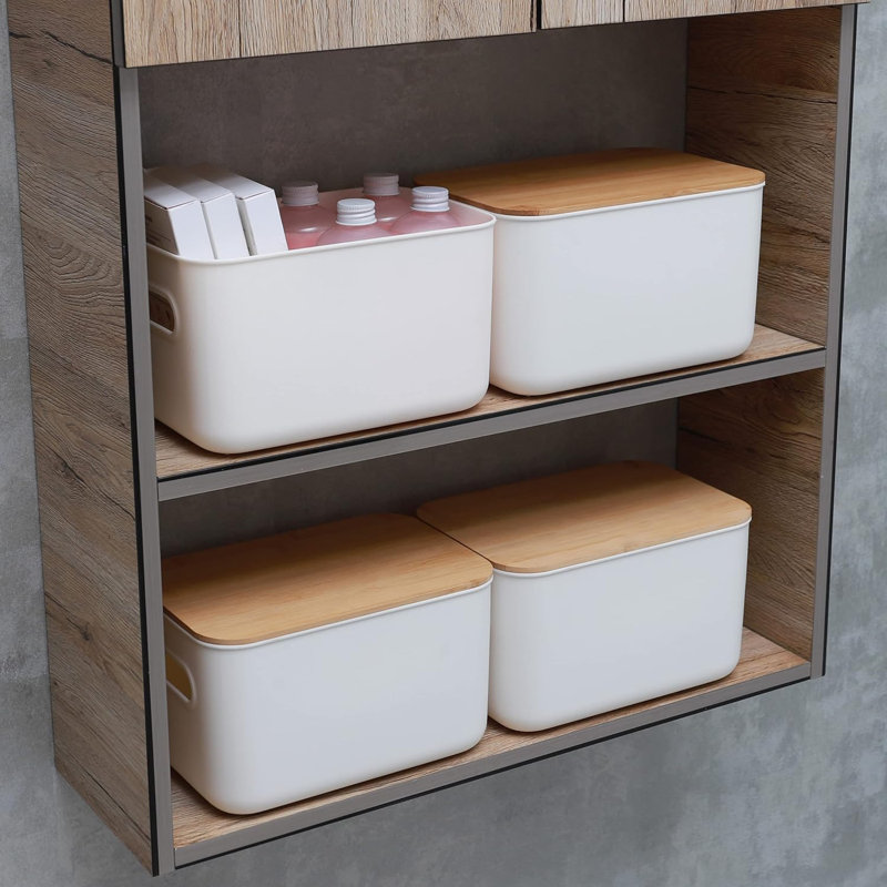 4 Packs Plastic Storage Bins With Bamboo Lids Stackable Storage Containers For Organizing, Bundled With Labels And Marker 10.24 X 7.01 X 6.1 Inch