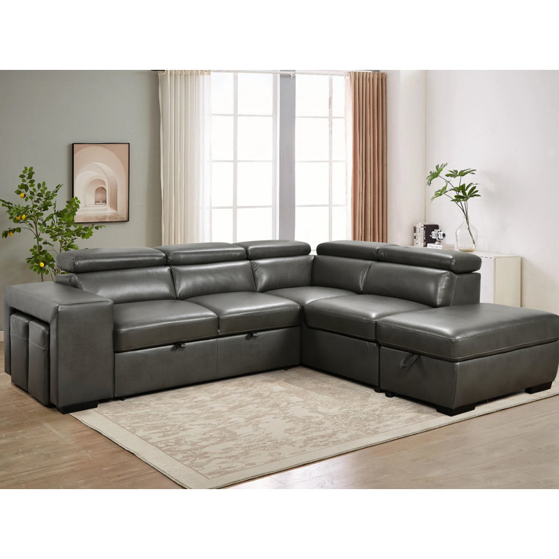 103" Wide Faux Leather Sectional Sleeper Sofa With Adjustable Headrest ,Sleeper Sectional Pull Out Couch Bed With Storage Ottoman And 2 Stools