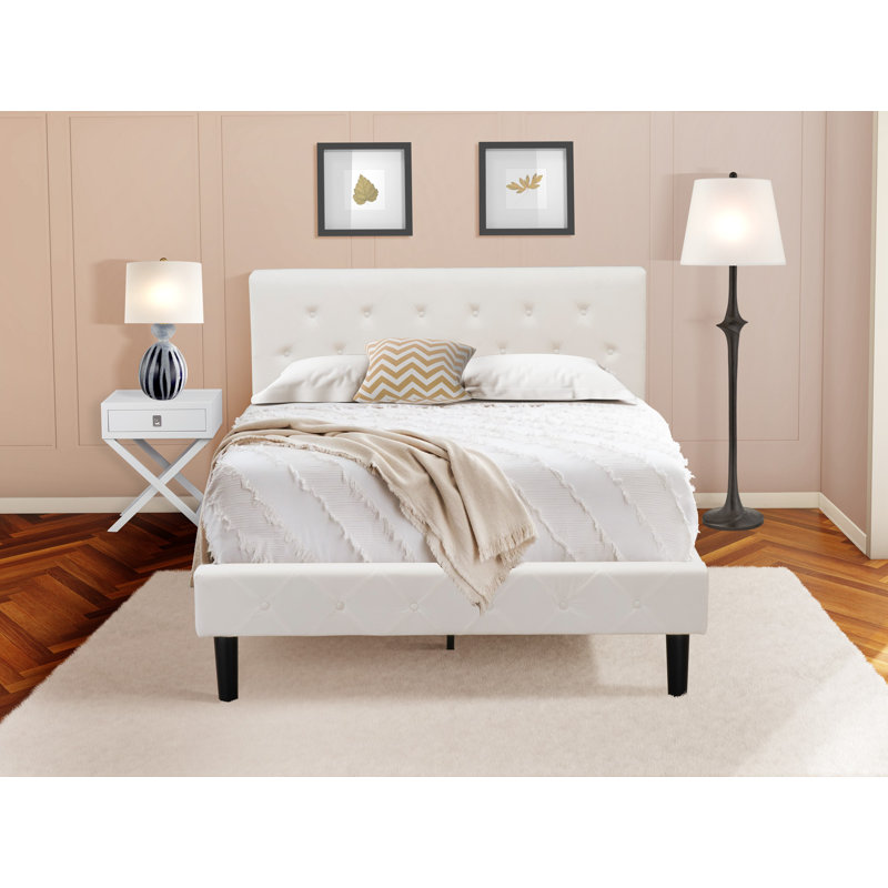 2 Piece Bedroom Set - Full Size Button Tufted Platform Bed Frame - Linen white Velvet Fabric Upholstered Headboard and an Urban Gray Finish Nightstand