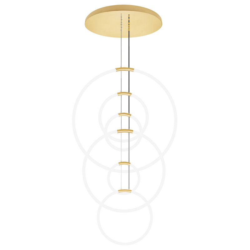 35'' Modern 6-Light LED Chandelier in Satin Gold – Sculptural Pendant Light with Floating Rings – Integrated LED, No Bulb Required