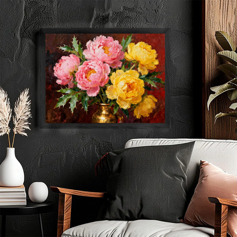 Pivoine noire, nature morte florale, reproduction d'art classique rétro, H 9 po x l 11 po