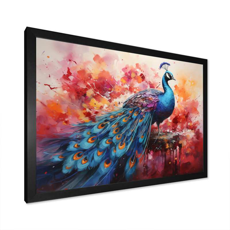 Acrylique multicolore sur toile rouge, représentation d'un paon rouge, H 24 po x l 32 po x P 1 po, Cadre simple noir