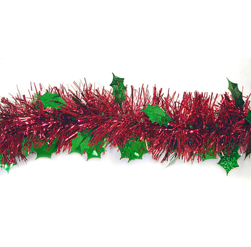 Guirlande de Noël 12 pi x 4 po rouge et vert brillant avec feuilles de houx - non éclairé