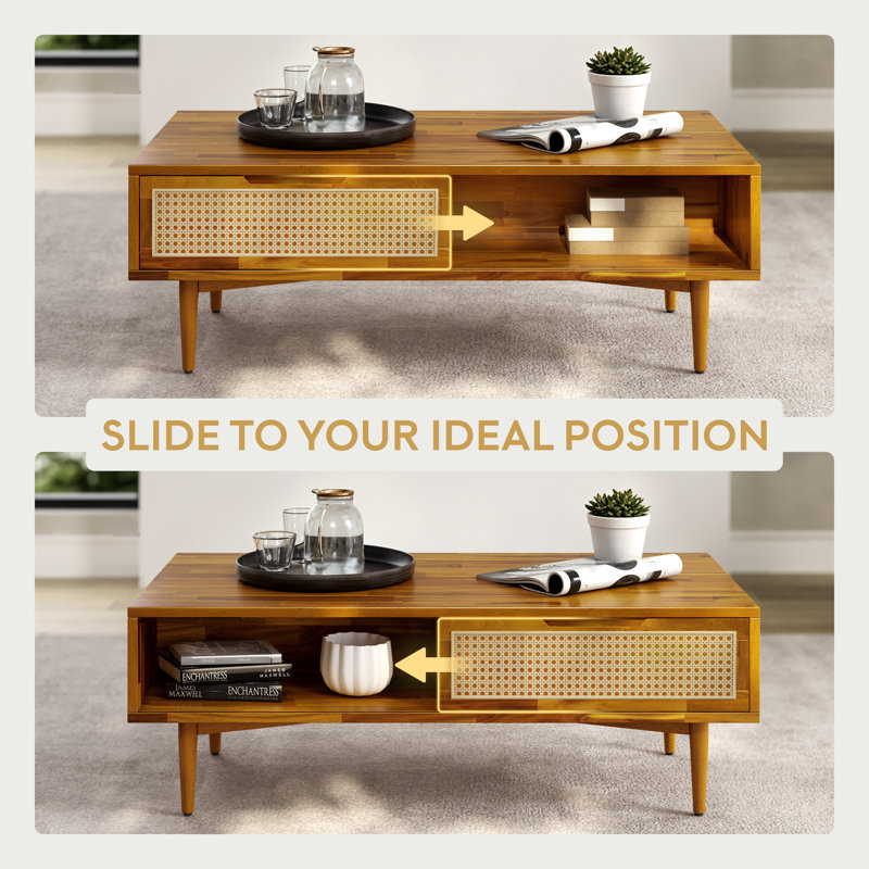 Table basse en bois massif 47 po avec tiroirs de rangement en rotin Oliver, Caramel
