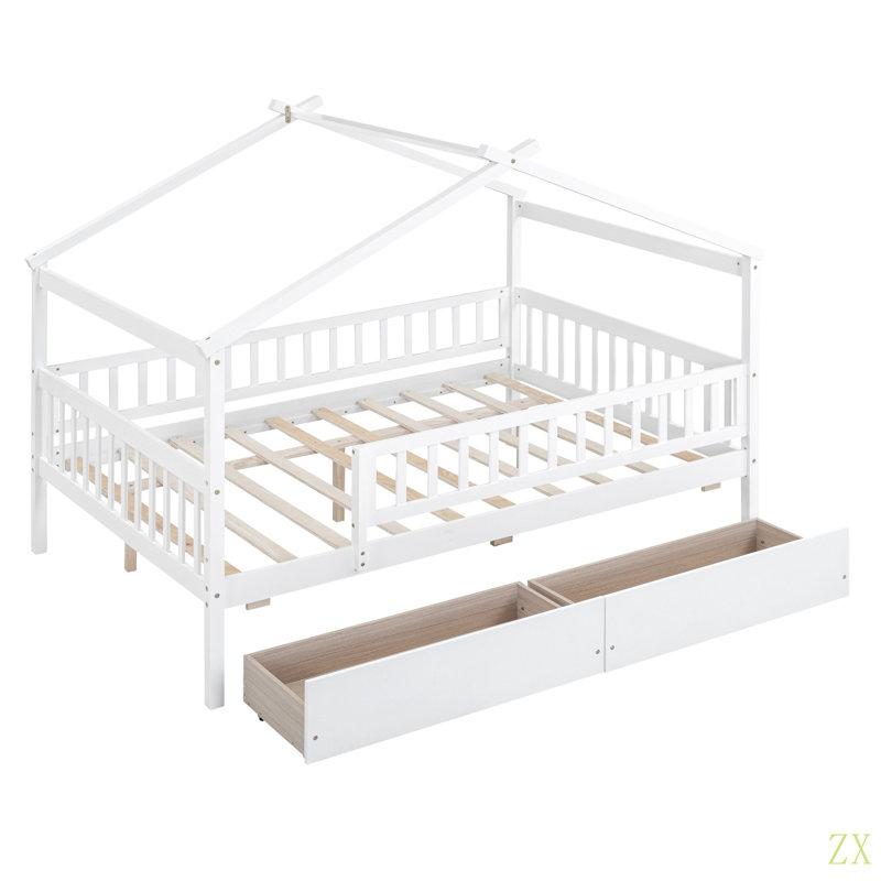 Lit double en bois avec deux tiroirs, Blanc