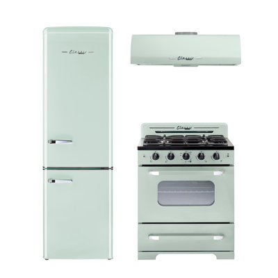 Ensemble de cuisine rétro 3 pièces avec réfrigérateur congélateur au bas et cuisinière à gaz autoportante 30 po et hotte sous l'armoire 30 po