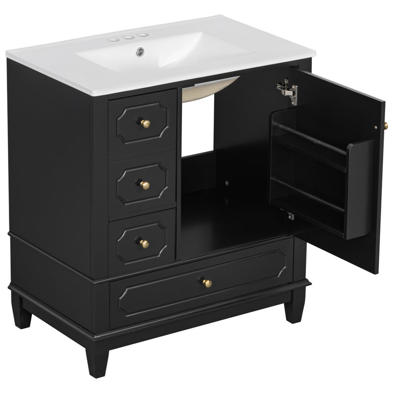 Meuble-lavabo 30 po avec lavabo, meuble-lavabo autoportant noir avec lavabo en céramique, structure en bois massif, porte à fermeture en douceur, 3 tiroirs, panneau de fibres à densité moyenne peint et bois d'hévéa, tablettes de rangement incluses