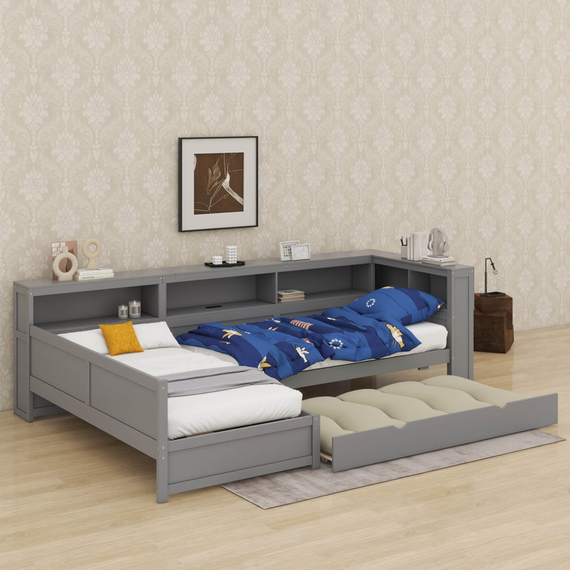 Lit plateforme simple en L en bois avec lit gigogne et tiroir, Gris