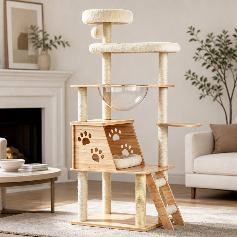 Arbre à chat de 136 cm avec perchoir capsule transparent, poteaux à griffer en sisal et échelle d'escalade pour jouer et se reposer à l'intérieur