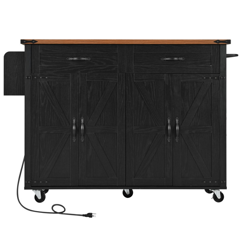 53.5''Farmhouse Kitchen Island With Power Outlet, Black