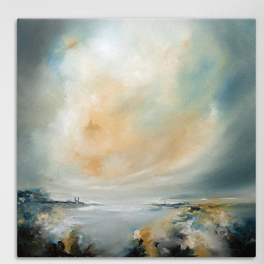« sun reflect », peinture sur toile tendue, H 26 po x l 26 po x P 1,5 po, Toile avec cadre noir, Pas de tapis