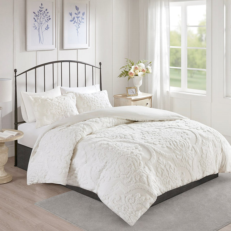 White Shabby Chic Full/Queen Cotton Chenille Bedding , With Buttoned Cover And Tied Pillowcases Duvet Button Tie, White