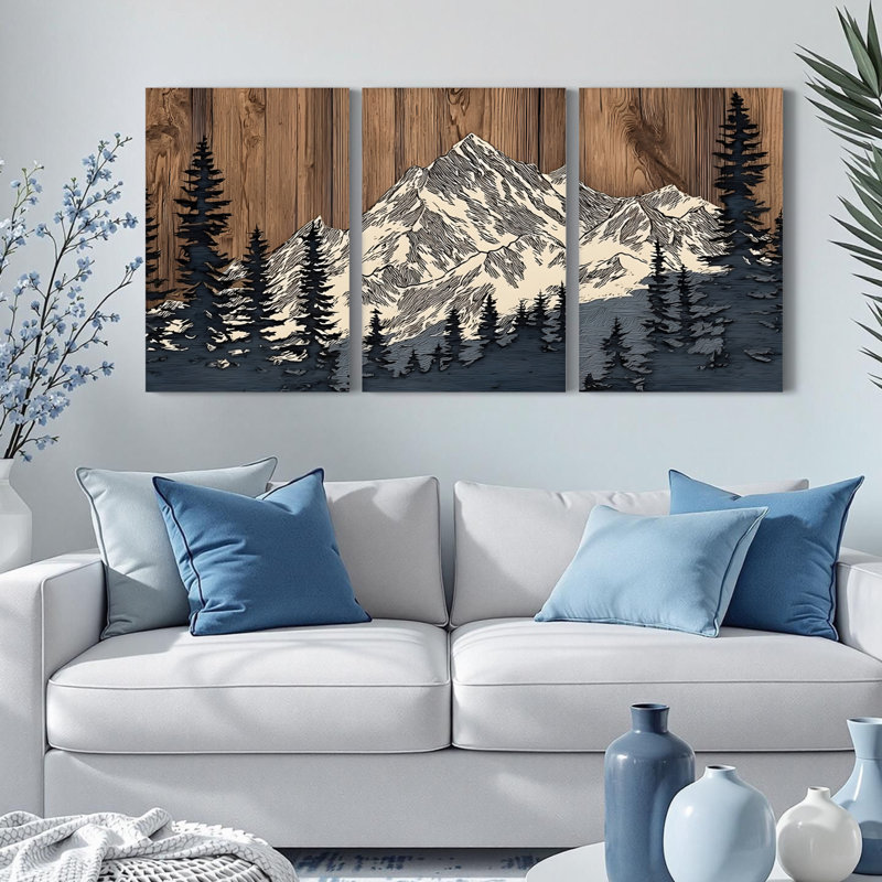 Paysage de montagne avec pin, art mural tendu sur toile, impression de texture de bois rustique (ensemble de 3)