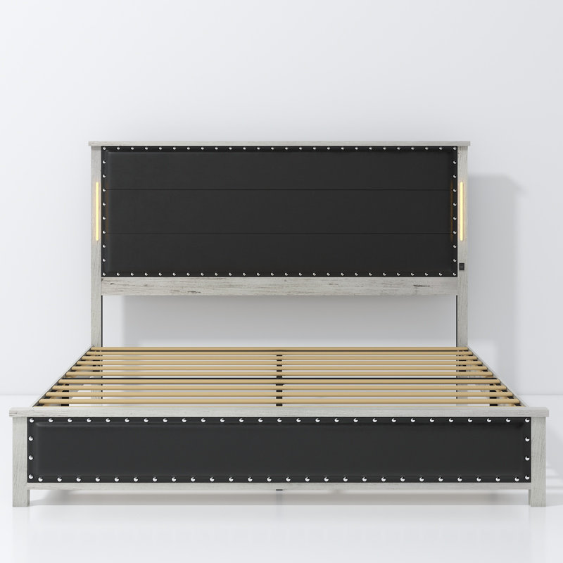 Structure de lit avec tête de lit tapissier, base de lit avec station de charge et lumières DEL, lattes en bois, rivets en similicuir foncé, aucun sommier requis, assemblage facile