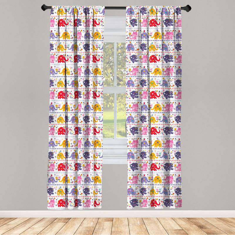 Elephant Curtains, Dancing Floral Elephant Characters Smiling Faces Colorful Daisies Singing Birds, Window Treatments Panel for Living Room Bedroom Decor, Multicolor Semi-Sheer Rod Pocket Curtain Panels