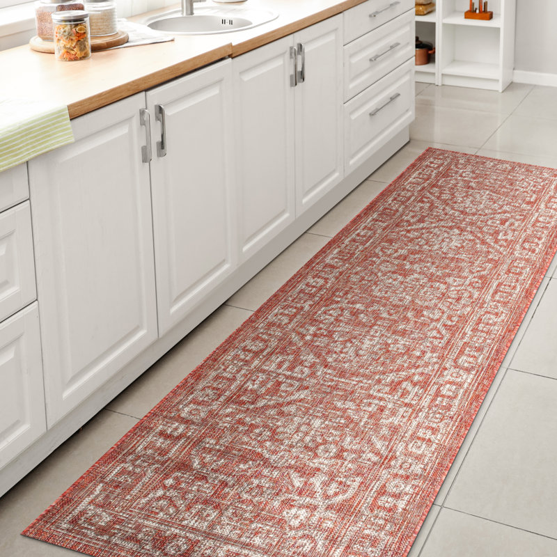 Massimo Bohemian Medallion Textured Weave Red/Taupe Indoor/Outdoor Rug, Runner 2'2" x 8'