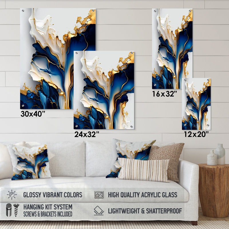 Géode abstraite dorée et bleue forme de marbre III - Art mural abstrait en marbre acrylique, H 20 po x l 12 po