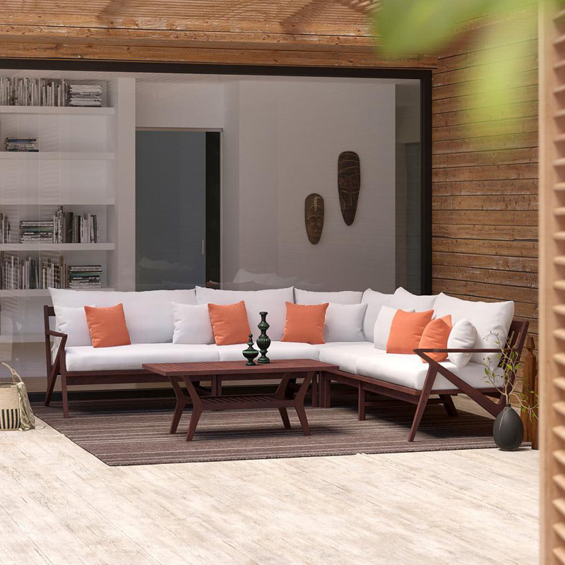 Ensemble de conversation modulaire 5 pièces avec coussins Sunbrella Minhaj, Tissage uni Sunbrella® corail