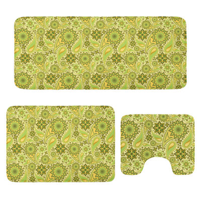  Ethnic Bathroom Rug Set 3 Pieces U-Shape & Rectangle Mats Lime and Avocado Green