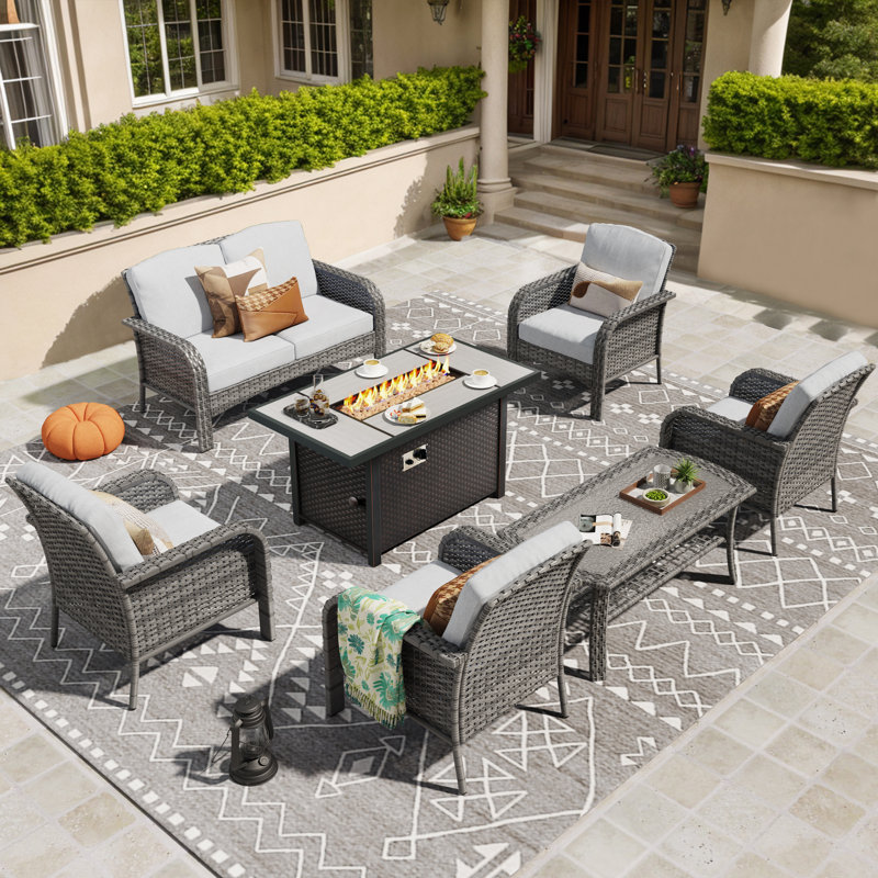 7 Piece Sofa Seating Group with fire pit and Cushions, Gray