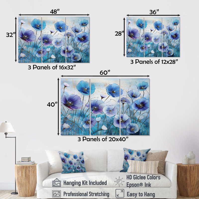 «Blue and Purple Morning Glory Flowers» - ensemble de reproductions d'art mural, Toile tendue, H 40 po x l 60 po x P 1 po