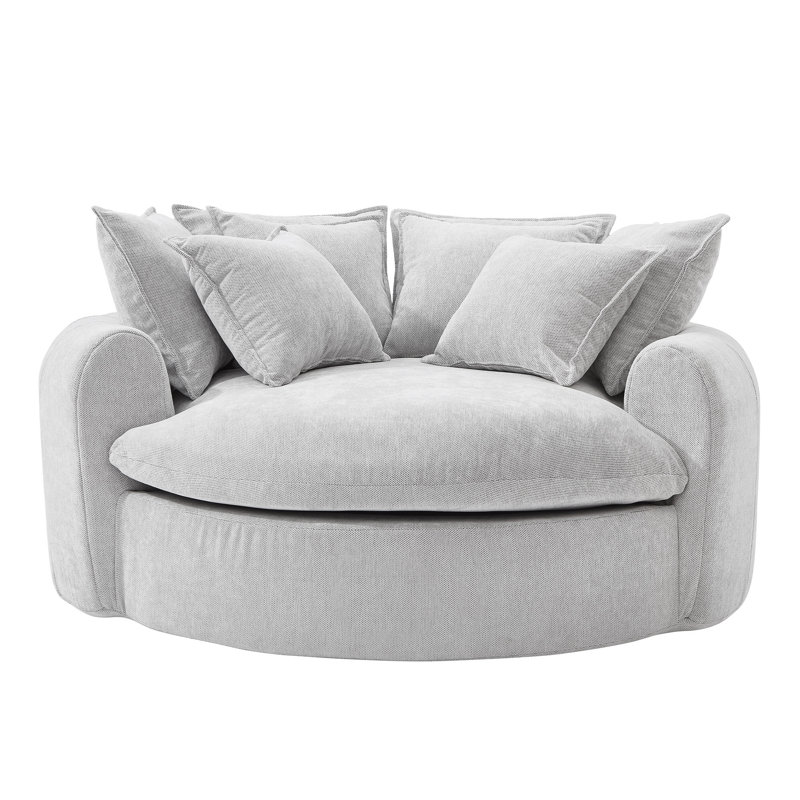 59.8" W Oversized Chenille Upholstered Boneless Round Barrel Chair with 8 Matching Pillows, Gray