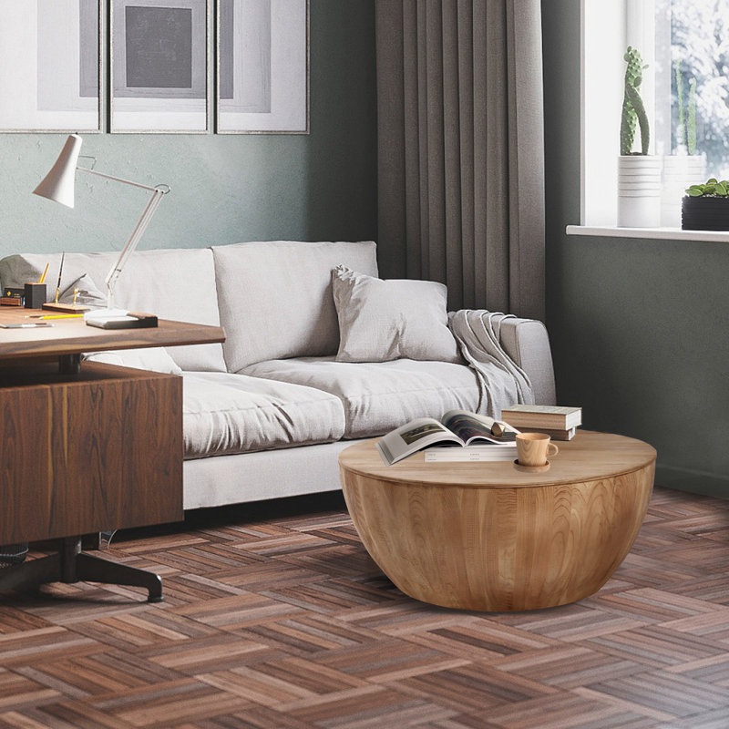 Table basse Ceferino, table de rangement en forme de seau, structure en bois, Naturel, H 17,72 po x l 31,5 po x P 31,5 po