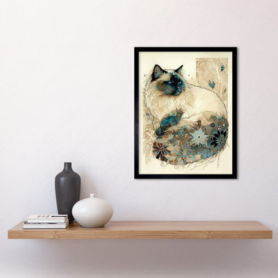 Ragdoll Cat With Floral Pattern Tail Modern Watercolour - Single Picture Frame Print