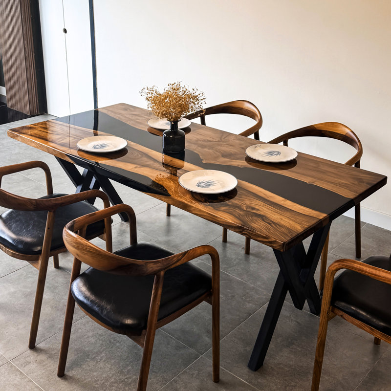 Black Epoxy River Dining Table | Solid Walnut Live Edge & Black Resin | Handcrafted Kitchen Table | 60"x30"