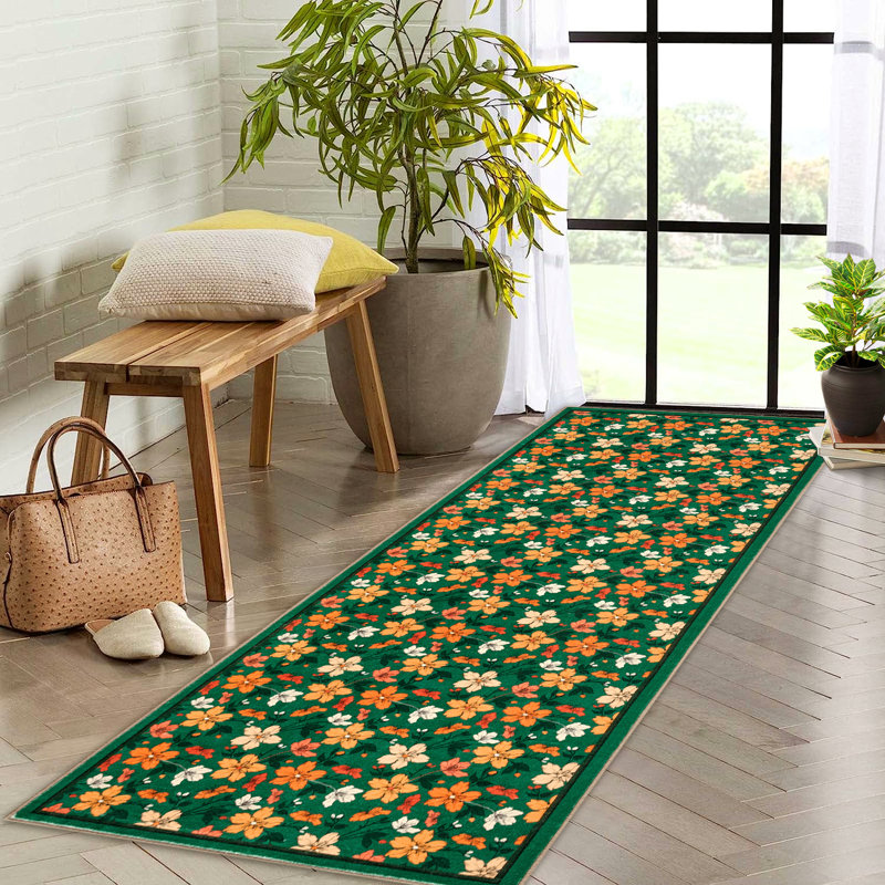 Boho Floral Washable Area Rug 10x13ft – Soft Low Pile, Non-Slip Carpet for Bedroom, Living Room, Playroom, Nursery – Large Blue Indoor Mat