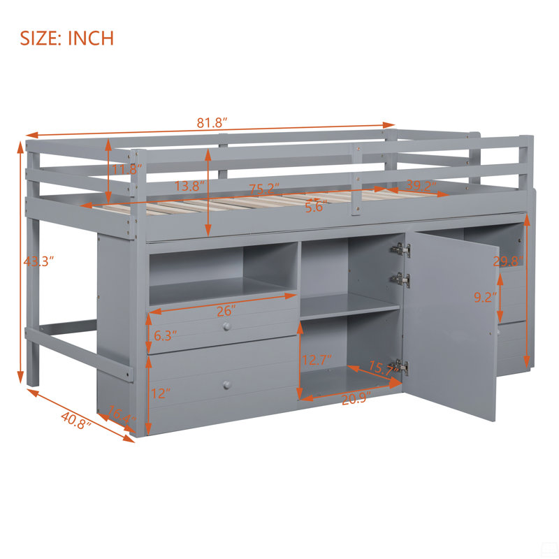 Lit mezzanine simple avec 4 tiroirs, sous l'armoire et les tablettes