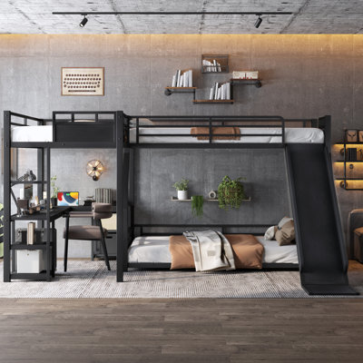 Lit superposé en métal en forme de L (lit supérieur : lit simple, lit inférieur : lit double), lit superposé triple en métal avec glissade, lit mezzanine, bureau, étagères de rangement et station de chargement USB, noir