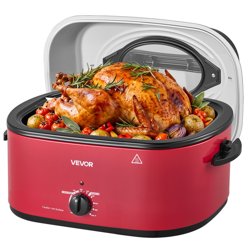 Rôtissoire électrique, 24 pintes, lèchefrite pour dinde, rouge, puissance 1450 W, couvercle auto-arrosant avec fenêtre de visualisation, thermostat réglable de 65 à 230 °C, appareil de cuisson de comptoir avec fonctions décongélation et maintien au chaud, lèchefrite et grille amovibles.
