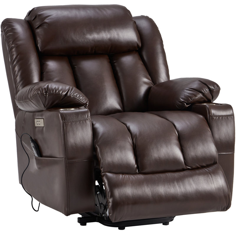 40'' Wide Heat Power Lift Recliner Leather Massage Sofa, Chair With Cup Holders, USB & Type-C Ports, Remote Control, Brown