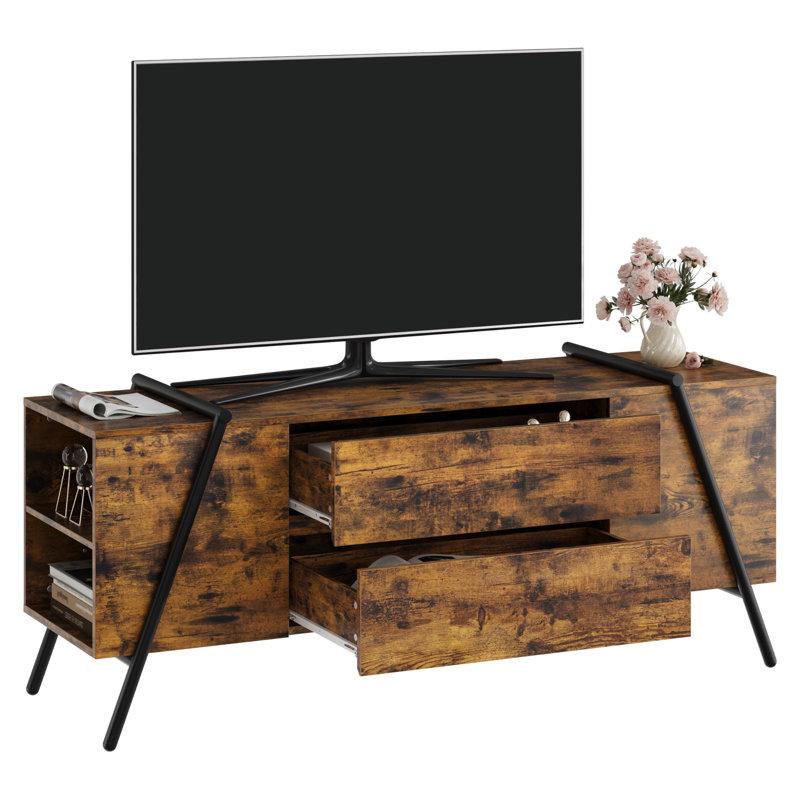 TV Stand for TV up to 65 in, 55 in Entertainment Center with 2 Drawers, Adjustable Shelves, U-Shaped Metal Legs, Farmhouse Wooden TV Console for Living Room, Bedroom, Rustic Amber Oak