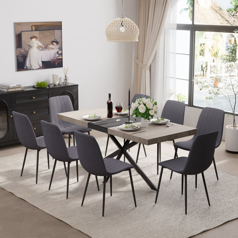 55-70in Rectangle Extendable Dining Table Set, Black/Gold, 9