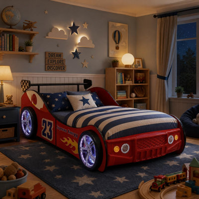Lit voiture de course simple avec roues lumineuses à DEL, tête de lit en forme de voiture rouge et cadre de plateforme en bois pour enfants