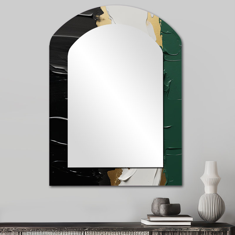 Golden green and black ink merge IV - Abstract Painting Arch Decorative Mirror, Modern Asymmetrical Large Wall Mirror, Printed Metal Art