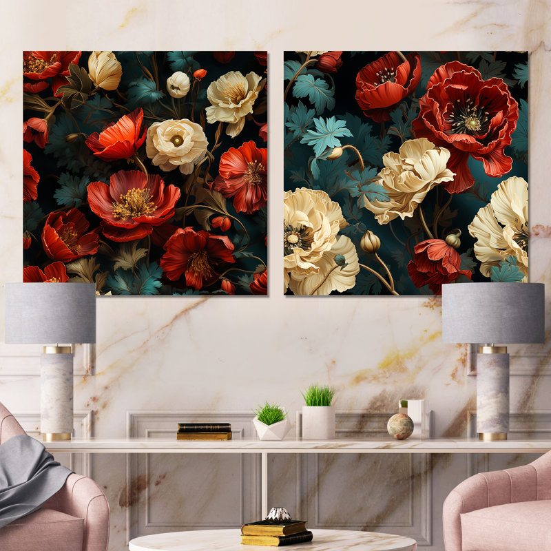 Hasson - Ensemble de 2 reproductions d'art murales carrées florales en métal, H 36 po x l 72 po